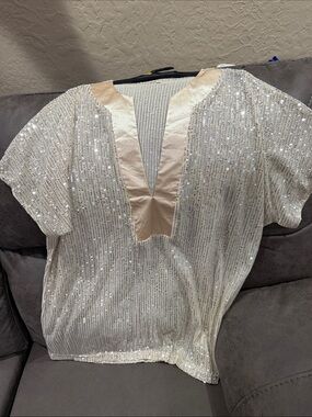 Cream Sequin V-Neck Blouse with Satin Trim